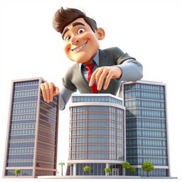 A vibrant 3D motion graphic image featuring a handsome giant man looking around and smiling, towering above a cluster of three institutional buildings