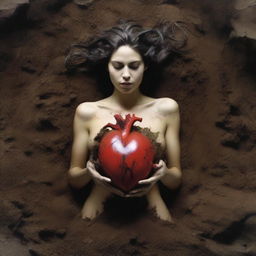 Depict an album cover featuring a realistic image of a beautiful woman emerging from the soil, clutching a human heart