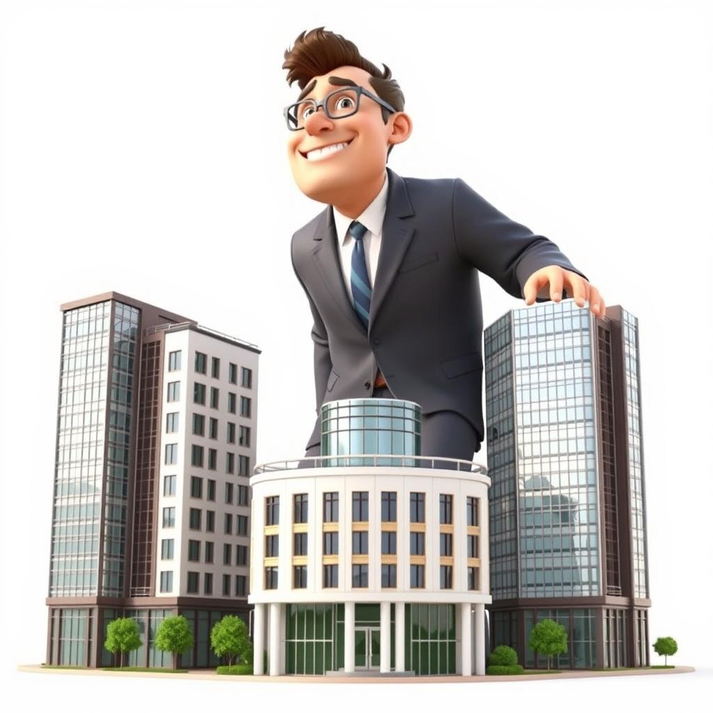 A vibrant 3D motion graphic image featuring a handsome giant man looking around and smiling, towering above a cluster of three institutional buildings