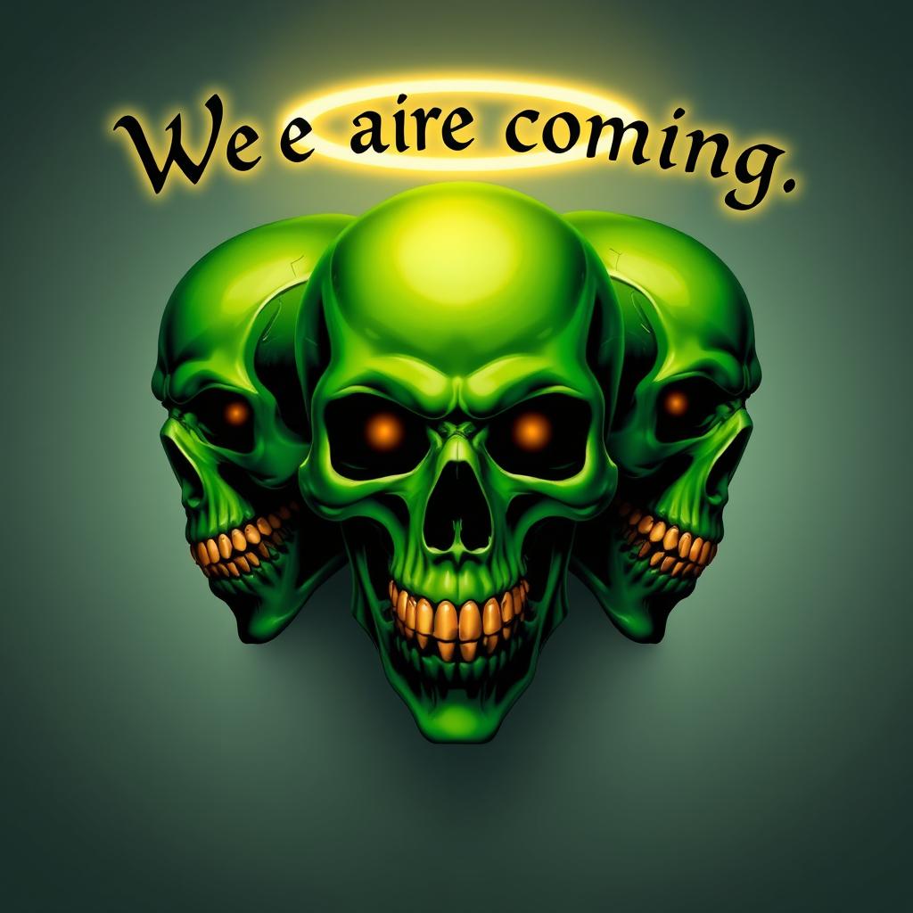 Three green skulls with golden teeth on a transparent background, one skull adorned with a glowing halo