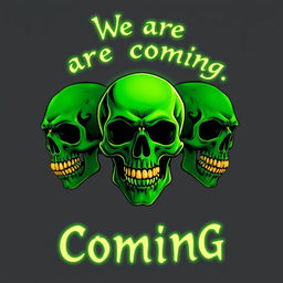 Three green skulls with golden teeth on a transparent background, one skull adorned with a glowing halo