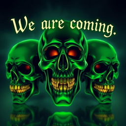 Three green skulls with golden teeth on a transparent background, one skull adorned with a glowing halo