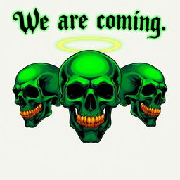 Three green skulls with golden teeth on a transparent background, one skull adorned with a glowing halo