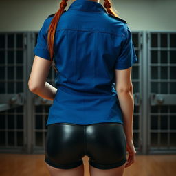 A close-up shot from behind of a redhead with pigtails, wearing a blue short sleeve police shirt that reveals a midriff