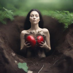 Depict an album cover featuring a realistic image of a beautiful woman emerging from the soil, clutching a human heart