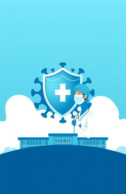 A design featuring a blue-white gradient background that creates a professional and optimistic atmosphere, showcasing an abstract virus symbol at the center