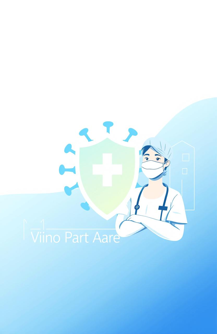 A design featuring a blue-white gradient background that creates a professional and optimistic atmosphere, showcasing an abstract virus symbol at the center