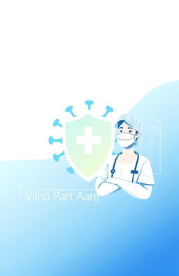 A design featuring a blue-white gradient background that creates a professional and optimistic atmosphere, showcasing an abstract virus symbol at the center