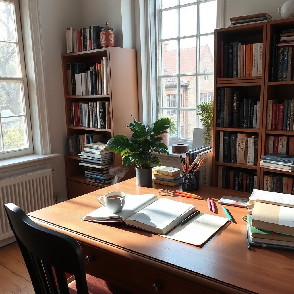 A cozy and inviting study scene featuring a well-lit desk cluttered with an open textbook, a neatly organized notebook, and colorful stationery