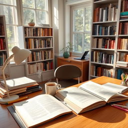 A cozy and inviting study scene featuring a well-lit desk cluttered with an open textbook, a neatly organized notebook, and colorful stationery