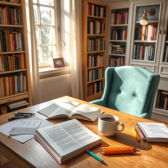 A cozy and inviting study scene featuring a well-lit desk cluttered with an open textbook, a neatly organized notebook, and colorful stationery