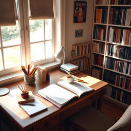 A cozy and inviting study scene featuring a well-lit desk cluttered with an open textbook, a neatly organized notebook, and colorful stationery
