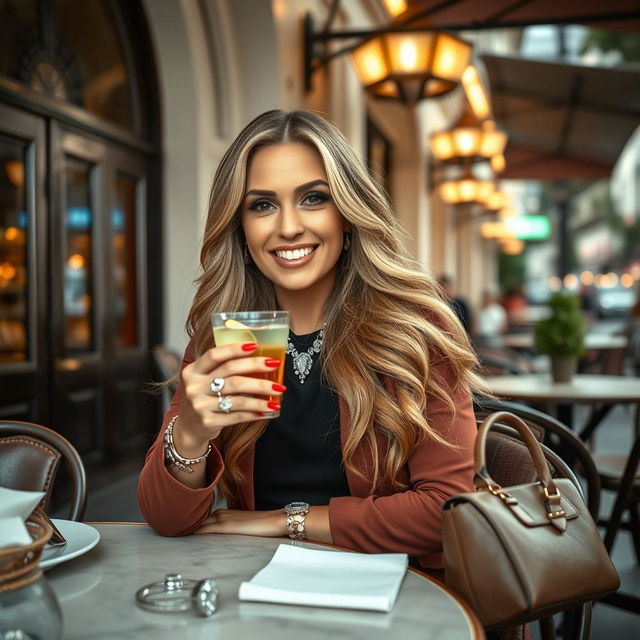 A glamorous and stylish woman in her 30s, seated at an upscale café in a vibrant city, wearing a chic outfit with designer accessories