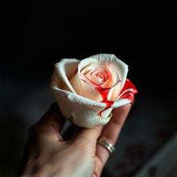 A close-up of a delicate white rose with vivid red blood dripping from its petals, held gently in a human hand