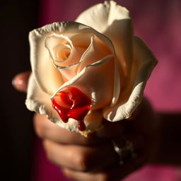A close-up of a delicate white rose with vivid red blood dripping from its petals, held gently in a human hand