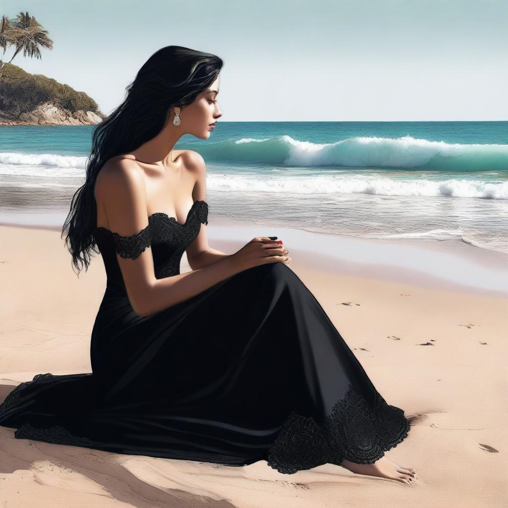 A high-quality digital art piece of a majestic woman sitting on a beautiful beach