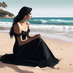 A high-quality digital art piece of a majestic woman sitting on a beautiful beach