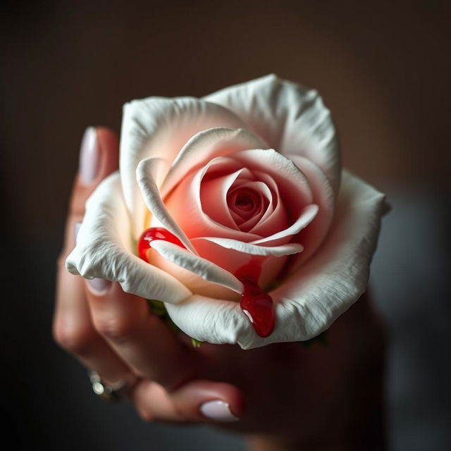 A close-up of a delicate white rose with vivid red blood dripping from its petals, held gently in a human hand