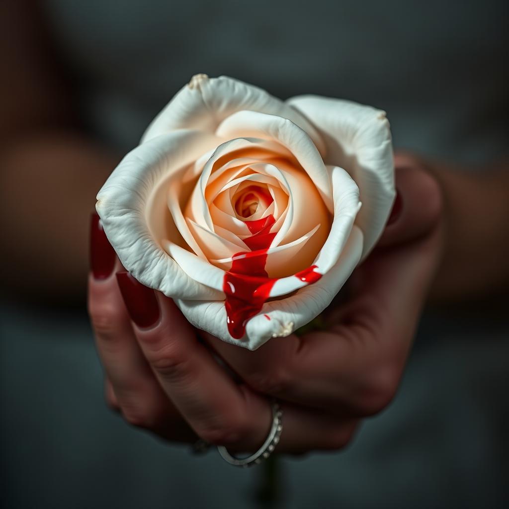 A close-up of a delicate white rose with vivid red blood dripping from its petals, held gently in a human hand