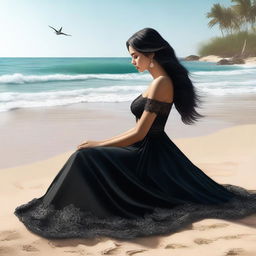 A high-quality digital art piece of a majestic woman sitting on a beautiful beach