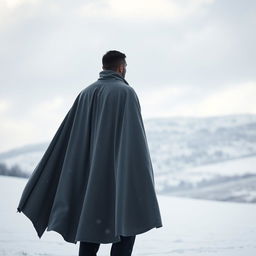 A solitary man wearing a flowing gray cloak, standing in a snowy landscape, his back turned towards the viewer