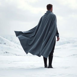 A solitary man wearing a flowing gray cloak, standing in a snowy landscape, his back turned towards the viewer