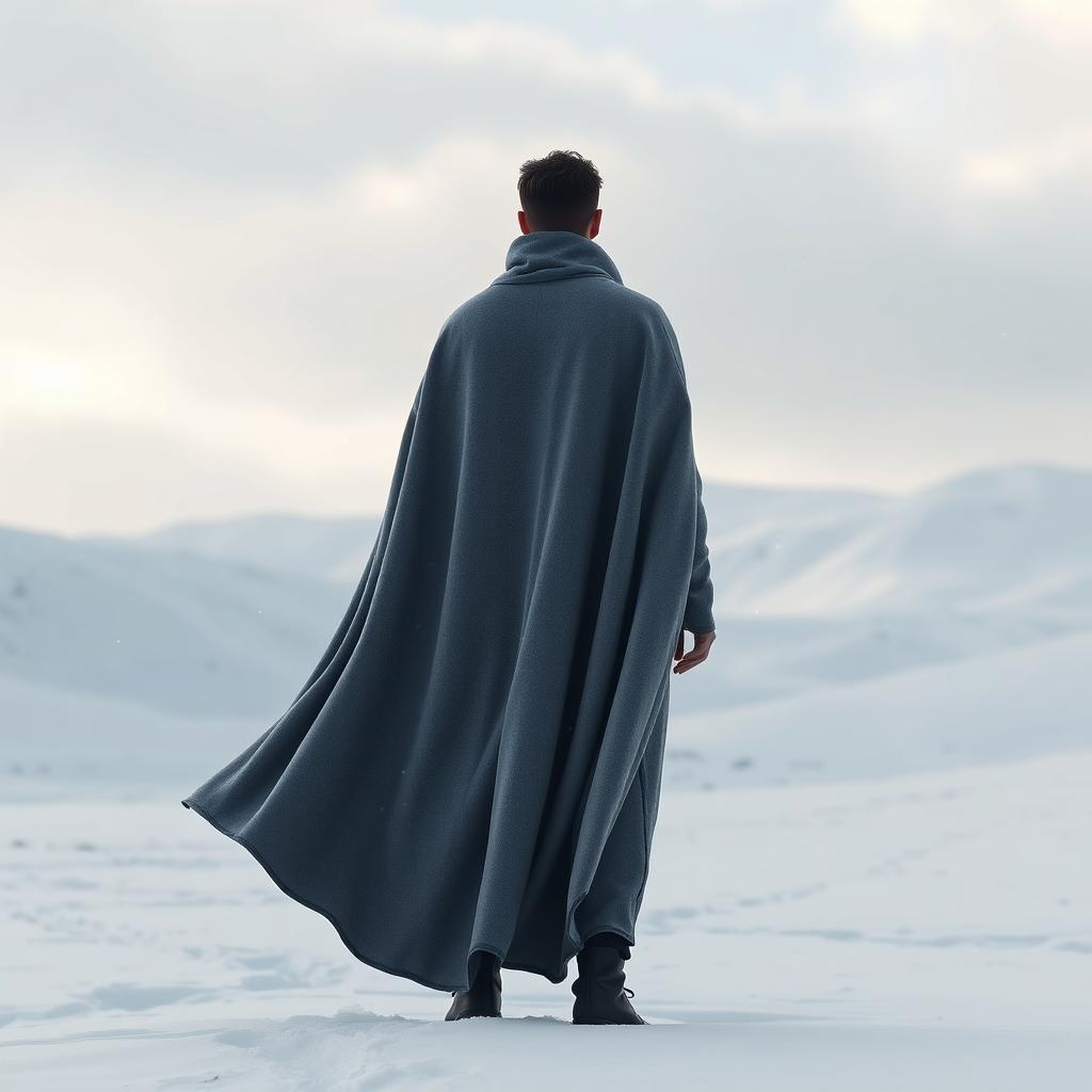 A solitary man wearing a flowing gray cloak, standing in a snowy landscape, his back turned towards the viewer