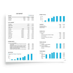 A detailed cost report document, showcasing a professional layout with sections for budget summary, expense breakdown, and financial analysis