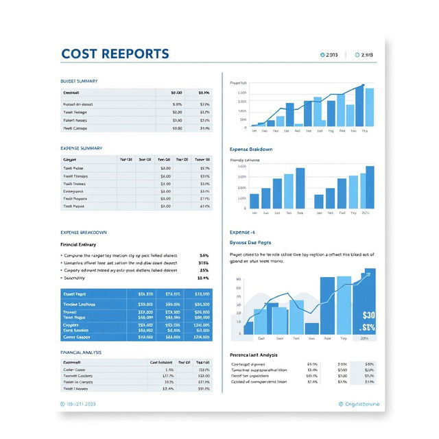 A detailed cost report document, showcasing a professional layout with sections for budget summary, expense breakdown, and financial analysis