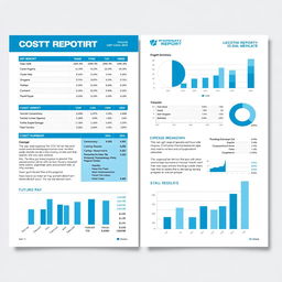 A detailed cost report document, showcasing a professional layout with sections for budget summary, expense breakdown, and financial analysis