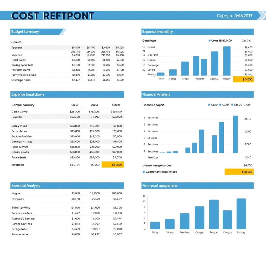 A detailed cost report document, showcasing a professional layout with sections for budget summary, expense breakdown, and financial analysis