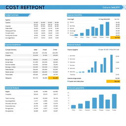 A detailed cost report document, showcasing a professional layout with sections for budget summary, expense breakdown, and financial analysis