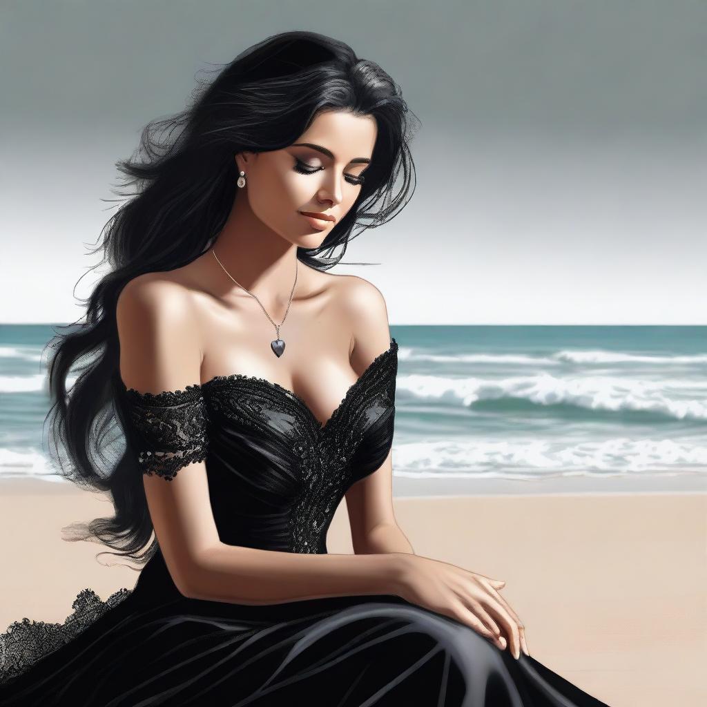 A high-quality digital art piece of a majestic woman sitting on a beautiful beach