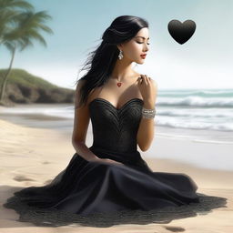 A high-quality digital art piece of a majestic woman sitting on a beautiful beach