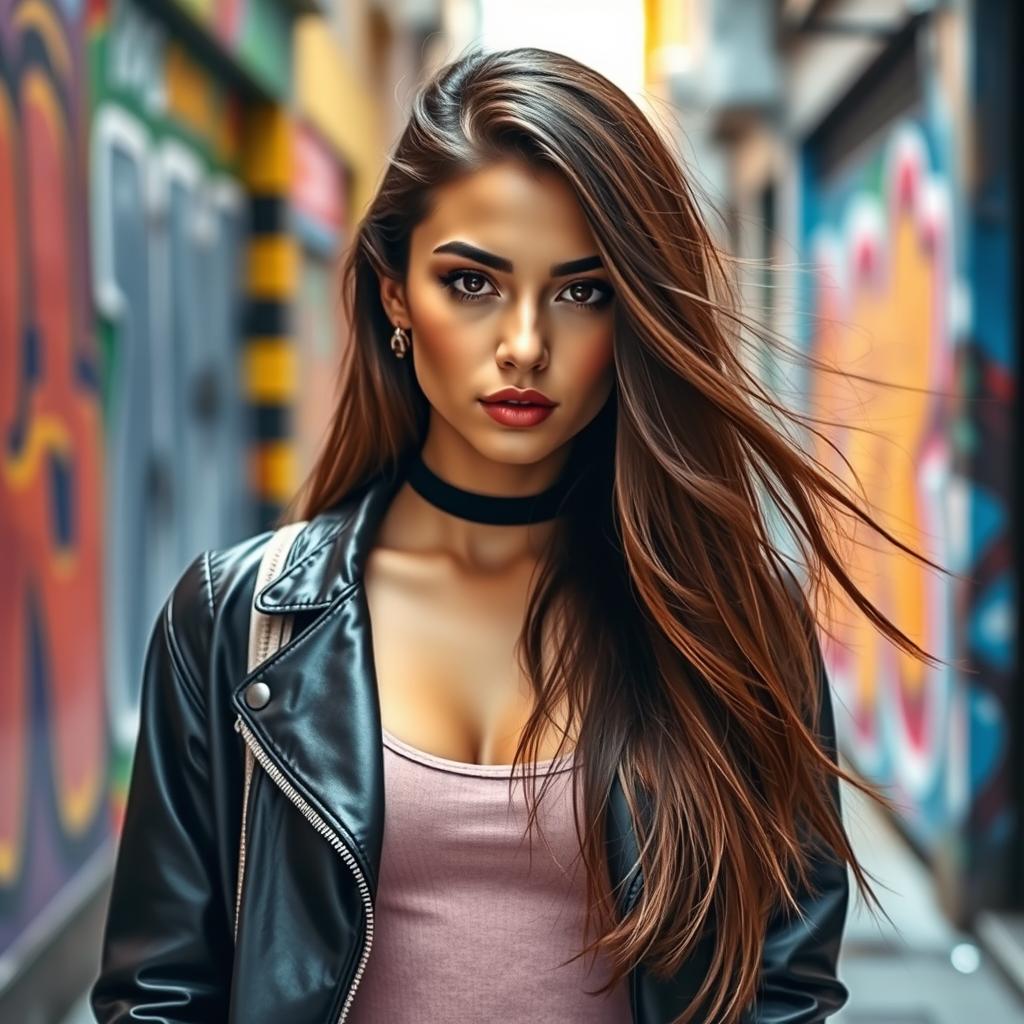 A portrait of a young woman with long flowing hair, wearing a stylish outfit that reflects contemporary fashion trends