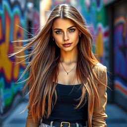 A portrait of a young woman with long flowing hair, wearing a stylish outfit that reflects contemporary fashion trends