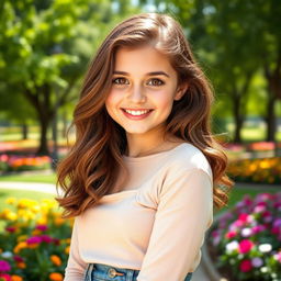 A beautiful 18-year-old girl with brown hair, styled in soft waves