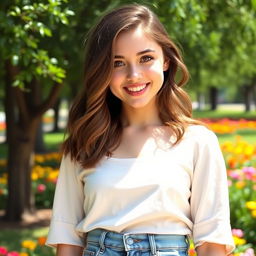 A beautiful 18-year-old girl with brown hair, styled in soft waves