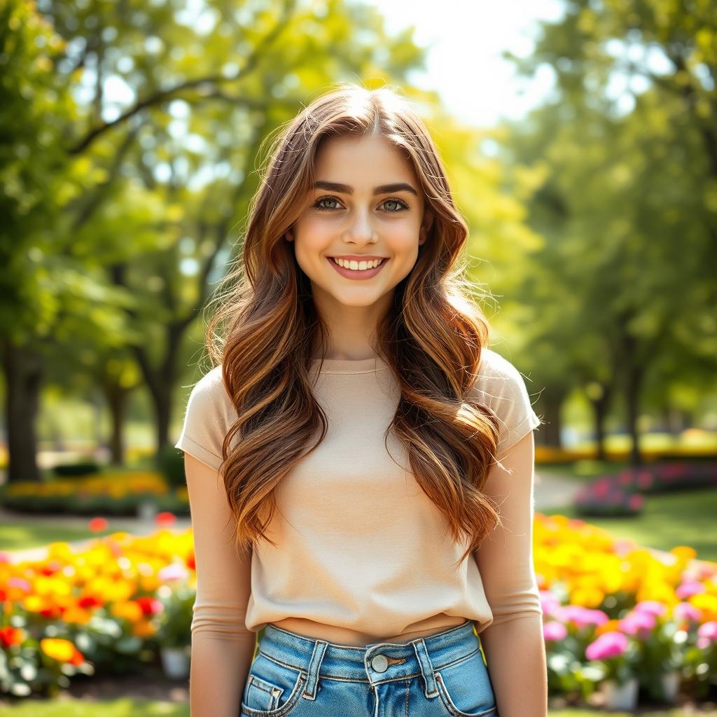 A beautiful 18-year-old girl with brown hair, styled in soft waves