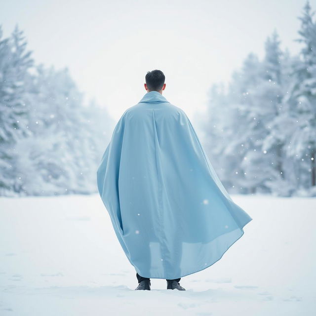 A solitary man wearing a flowing light blue cloak, standing in a snowy landscape, with his back turned towards the viewer