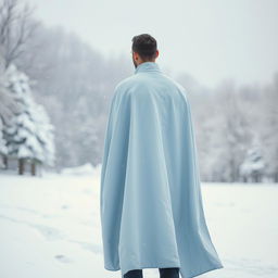 A solitary man wearing a flowing light blue cloak, standing in a snowy landscape, with his back turned towards the viewer