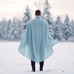 A solitary man wearing a flowing light blue cloak, standing in a snowy landscape, with his back turned towards the viewer