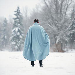 A solitary man wearing a flowing light blue cloak, standing in a snowy landscape, with his back turned towards the viewer