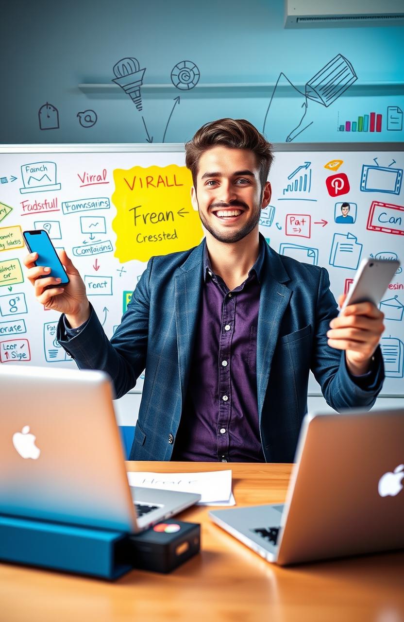 A dynamic and eye-catching digital marketing scene that illustrates the concept of generating viral content to grow a business