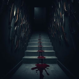 In a dark, atmospheric room filled with a maze of stairs ascending in all directions, each stair accompanied by a collection of knives hanging on the wall beside them