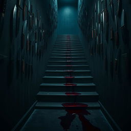 In a dark, atmospheric room filled with a maze of stairs ascending in all directions, each stair accompanied by a collection of knives hanging on the wall beside them