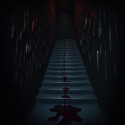 In a dark, atmospheric room filled with a maze of stairs ascending in all directions, each stair accompanied by a collection of knives hanging on the wall beside them