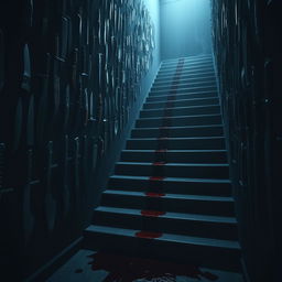 In a dark, atmospheric room filled with a maze of stairs ascending in all directions, each stair accompanied by a collection of knives hanging on the wall beside them