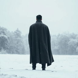 A solitary man wearing a cloak, standing in a snowy landscape, viewed from behind