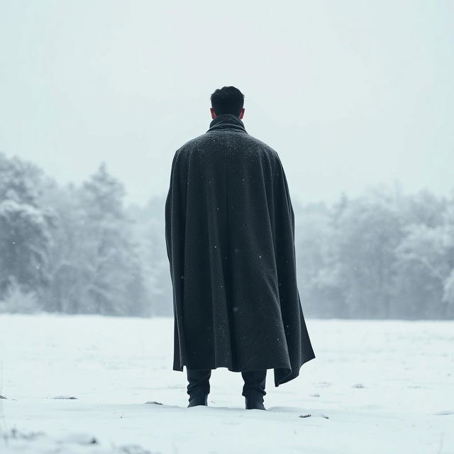A solitary man wearing a cloak, standing in a snowy landscape, viewed from behind